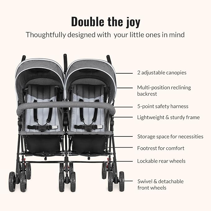 Dream On Me Volgo Twin Umbrella Stroller in Gray, Lightweight Double Stroller for Infant & Toddler, Compact Easy Fold, Large Storage Basket, Large and Adjustable Canopy-CubbioJoy