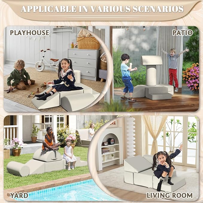 jela Foam Blocks 6Pcs Soft Play Equipment Waterproof Fabric, UV Resistant Toddler Climbing Toys Indoor& Outdoor Soft Play Climbing for Toddlers, Lightweight Climbing Blocks for Babies, Kids (Sand)-CubbioJoy