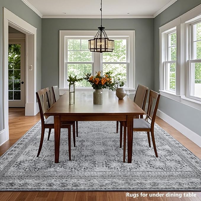 6x9 Washable Area Rug Non Slip, Faded Grey Living Room Rugs Low Pile, Thin Vintage Floral Carpets, Indoor Large Distressed Print Carpet for Bedroom Dining Room Farmhouse Home Office College Dorm-CubbioJoy