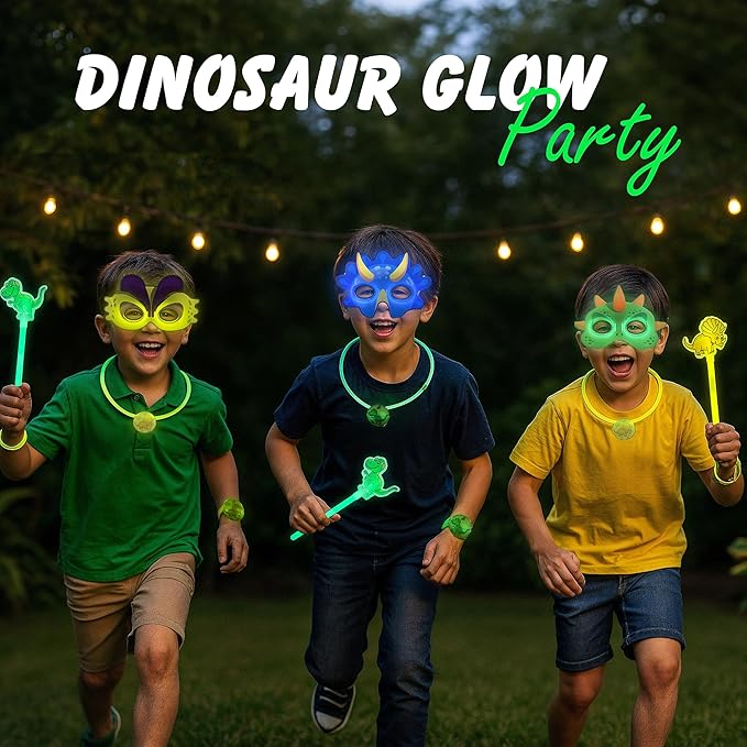 Dinosaur Party Favors Pack – Glow in the Dark Party Supplies | 6 Dinosaur Masks, 6 Bracelets, 6 Necklaces, 6 Wands, 42 Dino Glow Sticks & 80 Stickers | Birthday Classroom Halloween Trick or Treat-CubbioJoy