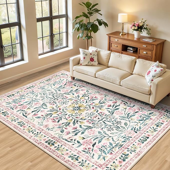 Area Rug Living Room Rugs: Floral 5x7 Washable Rug Vintage Soft Boho Non-Slip Carpet Indoor Stain Resistant Large Carpets for Bedroom Dining Room Farmhouse Nursery Hallway Home Office Pink Green-CubbioJoy