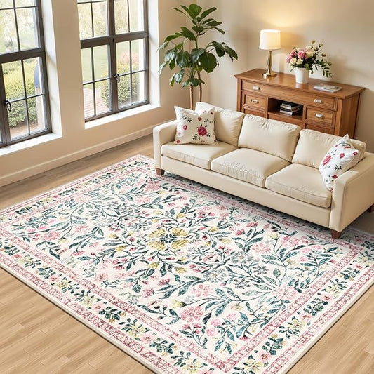 Area Rug Living Room Rugs: Floral 5x7 Washable Rug Vintage Soft Boho Non-Slip Carpet Indoor Stain Resistant Large Carpets for Bedroom Dining Room Farmhouse Nursery Hallway Home Office Pink Green-CubbioJoy