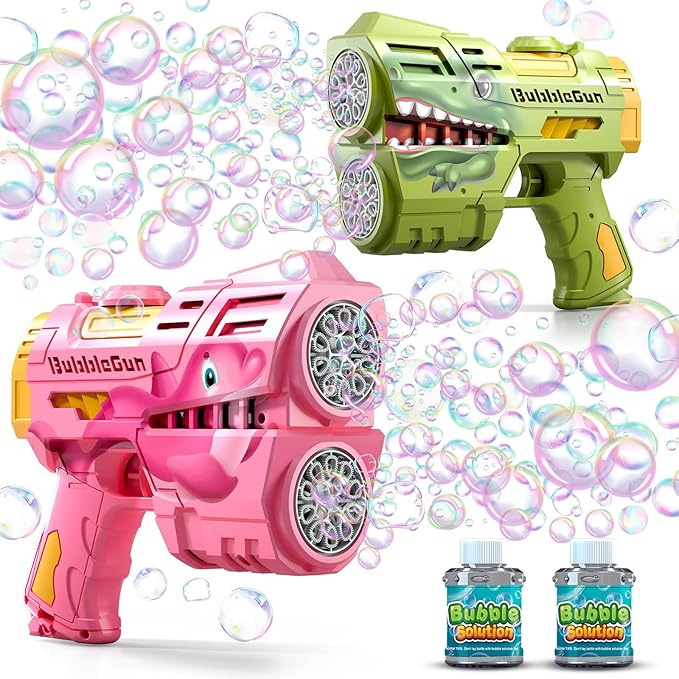 Jasny 2 Pack Rechargeable Dino Bubble Guns for Kids, LED Light Up Bubbles Machine Blower with 2 Bottles Refill Solution for Toddlers, Summer Wedding Toys Gift-CubbioJoy