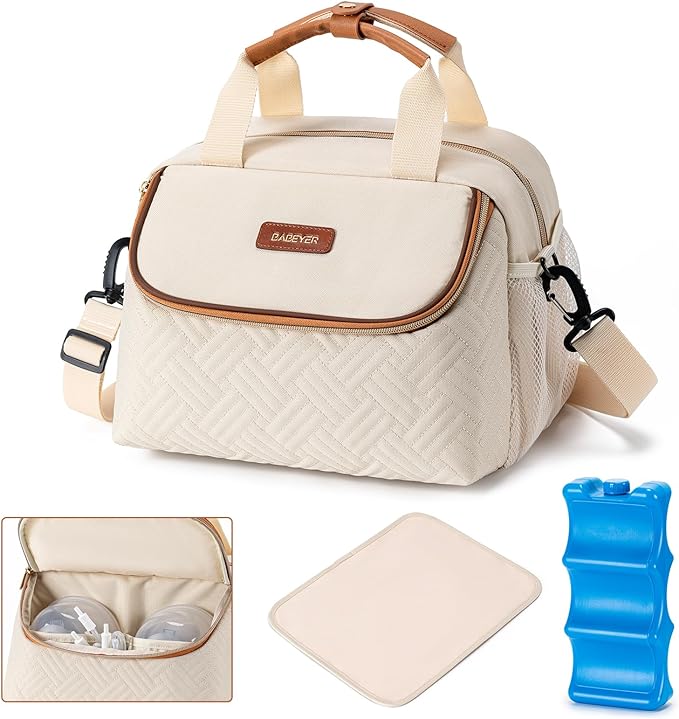Breastmilk Cooler Bag with Ice Pack Fits 6 Baby Bottles up to 9 Ounce, Wearable Breast Pumps Cooler Bag for Nursing Mom Daycare, Work, Travel- Cream-CubbioJoy