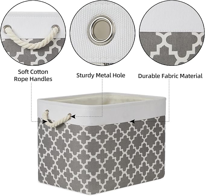 Bidtakay Large Fabric Storage Basket Set of 2 Collapsible Rectangle Basket for Shelves 16" X 11.8" X 11.8" Decorative Organizer Bins for Clothes Toys(White&Quatrefoil Grey)-CubbioJoy