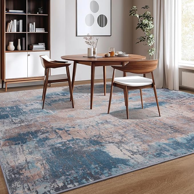Area Rug Living Room Rug, 5x7 Modern Abstract Washable Rug Beige Blue Non Slip Foldable Faux Wool Vintage Carpet, Fluffy Non-Shedding Rugs for Living Room, Bedroom, Dining Room, Kids Playroom-CubbioJoy