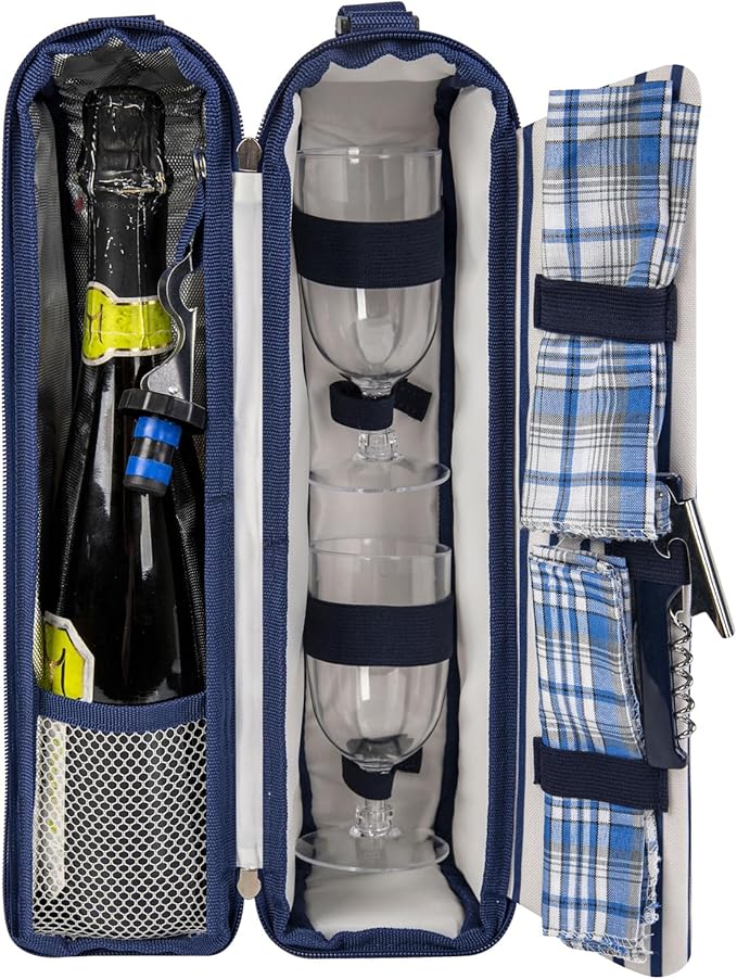ALLCAMP Wine Tote Bag with Cooler Compartment，Picnic Set Carrying Two Sets of Tableware（Blue Stripe）-CubbioJoy