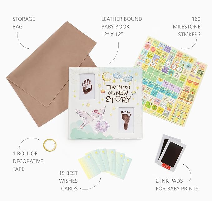 Keepsake Baby Memory Book Girl Boy – Timeless Leather-Bound Baby Milestone Book – Baby Book Keepsake Record First 5 Years – Gender Neutral Baby Scrapbook Album, Baby Album Journal Registry Search Gift-CubbioJoy