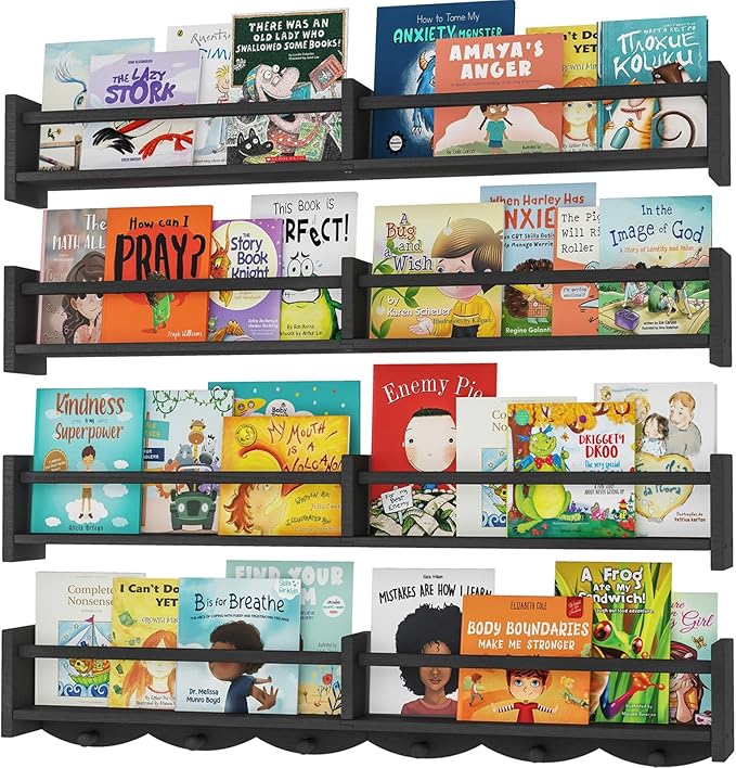 34Inch Nursery Bookshelves,Set of 4,Wall Floating Shelf Kids Coat Rack with 6Hooks,Hanging Book Shelf for Baby Nursery Room Décor ，Patent Number: 29958098(Black, 34)-CubbioJoy