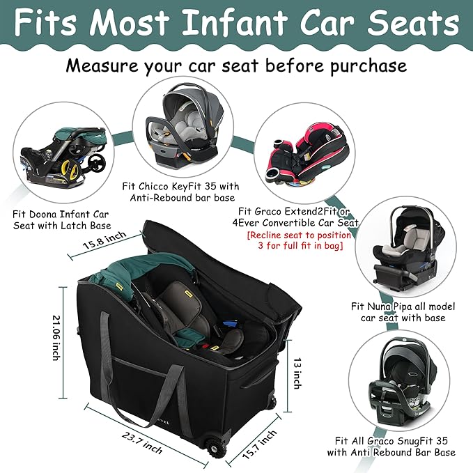 Infant Car Seat Travel Bag Fit Doona Car Seat Stroller and Base, Chicco Keyfit 35 and Base, Doona Travel Bag with Wheels, Padded Car Seat Bags for Air Travel, Nuna Travel Bag with Zipper Pocket-CubbioJoy
