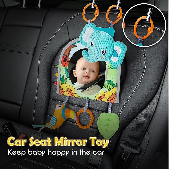 Car Seat Toy, Baby Car Mirror for Rear Facing, Travel Baby Activity Center with Hanging Engaging Toys for Infants Babies 0-6-12-18 Months Boy Girl-CubbioJoy