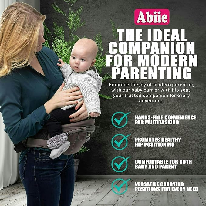 Abiie HUGGS 3-in-1 Baby Carrier with Hip Seat - Front Facing, Hip Hugger, Back Baby Carrier - Healthy Sitting (M) Position, 3 Mos.-Toddler - Buckle Type Closure - Approved by US Safety Standards-CubbioJoy