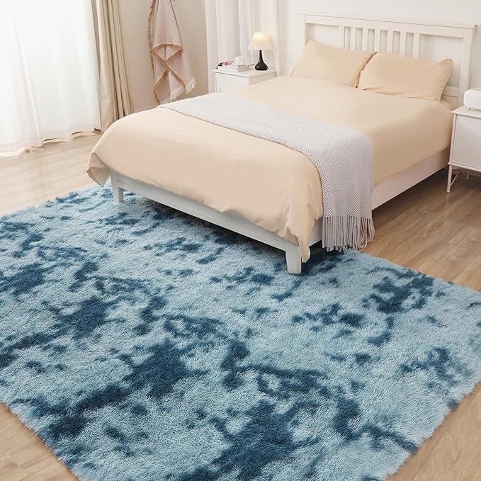 Area Rugs 9x12, Fluffy Rugs for Living Room, Ultra Soft Rugs for Bedroom, Non-Slip Indoor Carpet for Nursery, Kids Room, Playroom, Home Decor, Tie-Dyed Blue-CubbioJoy