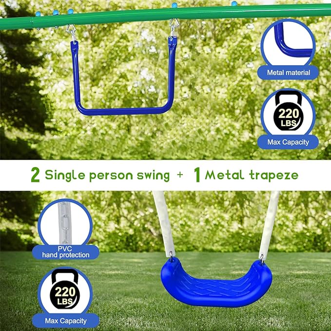 5-in-1 Swing Sets for Backyard for Kids 3-8, Tree Swings for Kids Outdoor with Slide, Basketball Hoop, Two Swing Seats and Gymnastics Rings-CubbioJoy