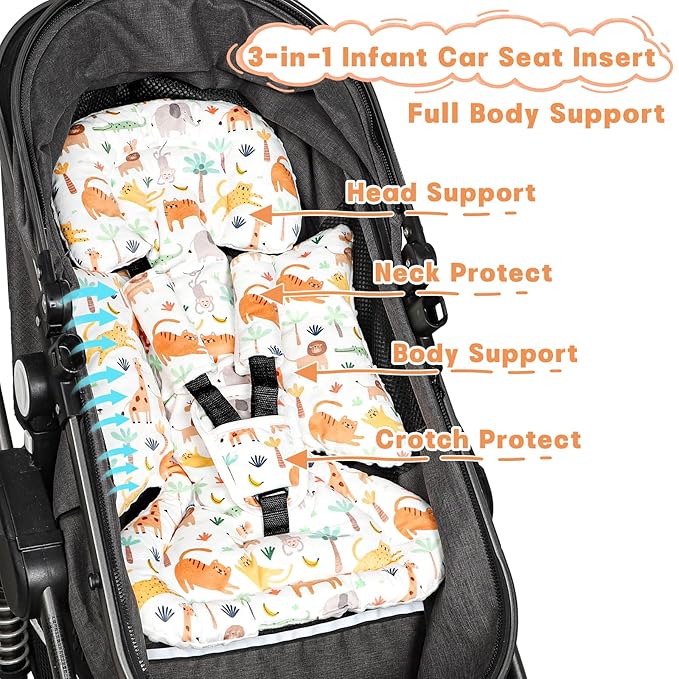 Infant Car Seat Insert, Soft Baby Car Seat Head & Body Support for Girl Boy, Reversible Newborn Preemie Carseat Insert Cushion with 3 Straps Pads Fits CarSeat, Stroller, Swing, Bouncer, Animals-CubbioJoy