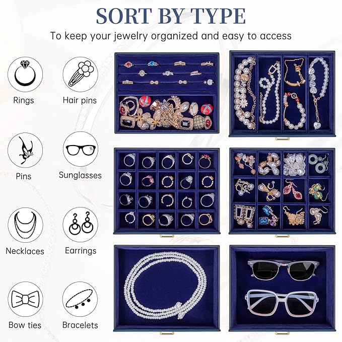 AKOZLIN Extra Large 6-Tier Jewelry Box Organizer Functional Huge, 5 Drawers Leather Jewelry Storage Case for Women Girls Ring Necklace Earring Bracelet Holder Organizer with Mirror Blue-CubbioJoy