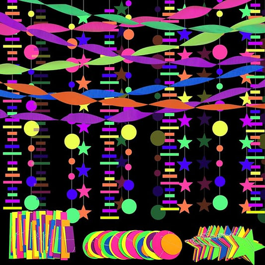 700ft Neon Paper Garland Glow in Dark Paper Streamers UV Reactive Round Dot Star Kit Banners for Neon Party Supplies, Wedding Decorations, Birthday Parties-CubbioJoy