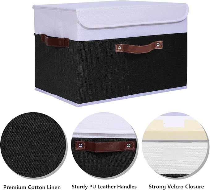 ANMINY 4PCS Storage Boxes with Lid Washable Decorative Storage Bins Basket with PU Leather Handle Foldable Linen Fabric Storage Cubes Containers for Home Closet Organizer - Black White, Large Size-CubbioJoy
