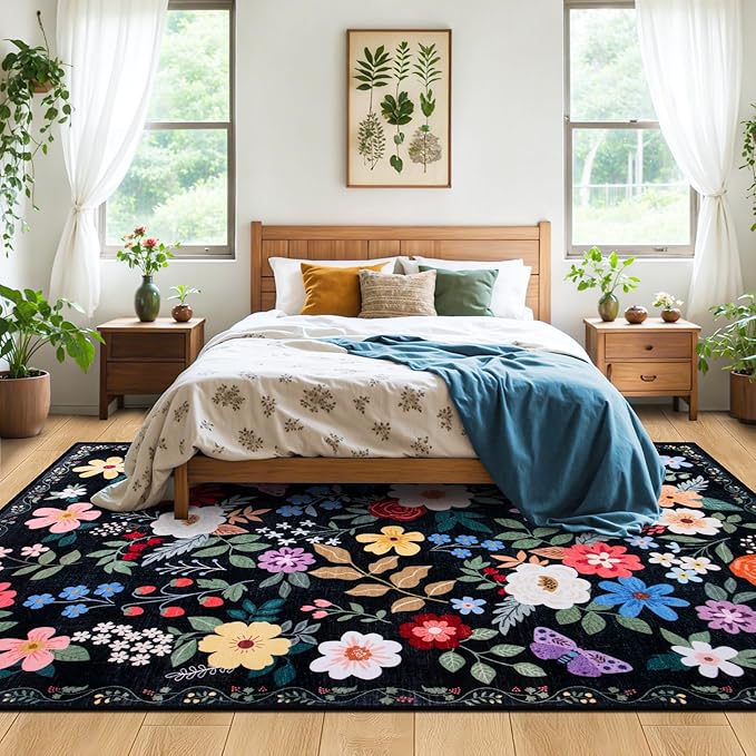 Area Rugs 9x12 Living Room: Floral Washable Rug Vintage Large Soft Boho Non-Slip Carpet Indoor Floor Stain Resistant Low Pile Carpets for Bedroom Dining Room Farmhouse Nursery Home Office Black-CubbioJoy