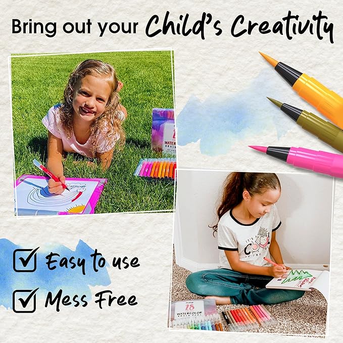 Chalkola Watercolor Brush Pens for Lettering, Coloring, Calligraphy - Set of 28 Watercolor Pens, 15 Painting Pad & 2 Water Color Markers - Drawing Art Supplies for Kids, Adults, Professional Artist-CubbioJoy