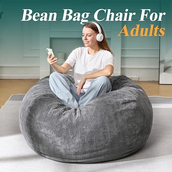 3.5FT Bean Bag Chairs Teardrop Bean Bag Chair for Adults Beanbag Chair with Memory Foam Filled Machine Washable Cover for Living Room, Bedroom (Large,Grey)-CubbioJoy