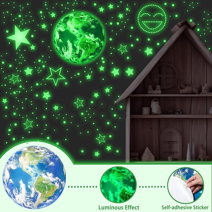 965 PCS Glow in The Dark Stars and Earth for Ceiling, Luminous Stars and Planet Wall Decals, Kids Room Decor, Glowing Galaxy Wall Stickers for Nursery Decorations (Green)-CubbioJoy