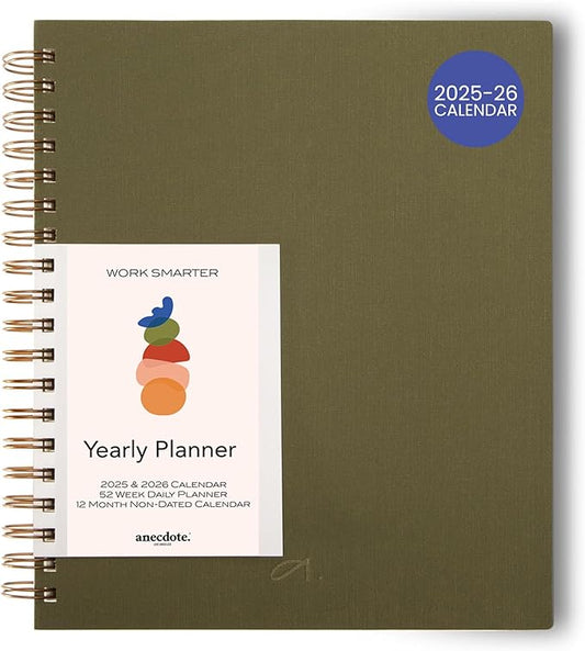 Anecdote Planner 2026 (8.5" x 10") Daily Planner Weekly Monthly Planner - 52 Weeks w/Library Buckram Cover, Brass Spiral - A4 Size Bleed-Resistant Paper – Olive Green-CubbioJoy