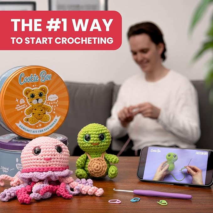 Cookie Box Crochet Kit for Beginners - Learn to Craft Amigurumi Stuffed Animals - Knitting Gift for Kids and Adults - Beginner-Friendly Yarn - Stitch-by-Stitch Video Tutorial - Bear Charlie-CubbioJoy