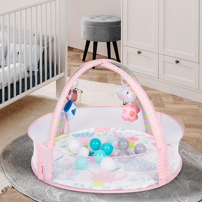 Baby Play Mat, 4-in-1 Baby Play Gym Tummy Time Mat with Ball Pit and 5 Detachable Toys for Newborn to Develop Sensory Exploration and Motor Skill 0-6-12 Months-CubbioJoy