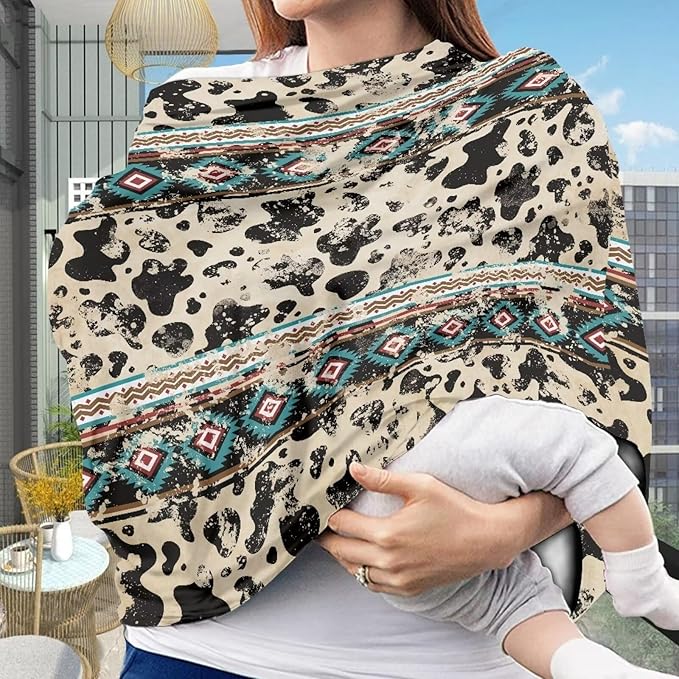 Binienty Aztec Cow Print Nursing Cover for Newborns Girls Boys, Stretchy Breathable Baby Car Seat Covers Infants Canopies-CubbioJoy