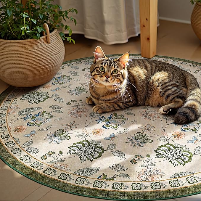 jinchan 6ft Floral Round Rug for Dining Room Washable Living Room Rug Vintage Romance Design Non Slip Indoor Floor Cover Lightweight Low-Profile Throw Carpet for Bedroom Porch Patio, Green/Beige-CubbioJoy