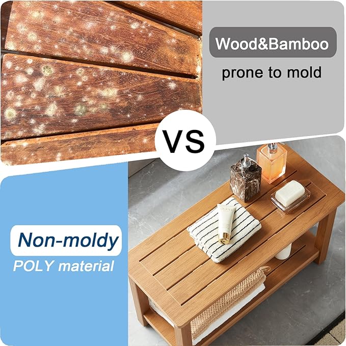30'' Large Shower Bench Seat, Poly Lumber Bath Stool for Inside Shower Waterproof, HDPS Bathroom Chair for Shaving Legs with Adjustable Feet, Non-Slip & No Maintenance, Brown (30 x 13 Inches)-CubbioJoy