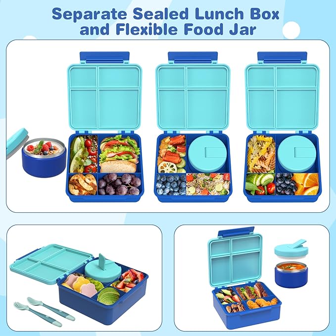 Bento Lunch Box with 8oz Soup Thermo, Kids Leakproof Lunch Food Containers with 4 Compartment, Kids Thermo Insulated Hot Food Jar for School, Trvael（Blue-CubbioJoy