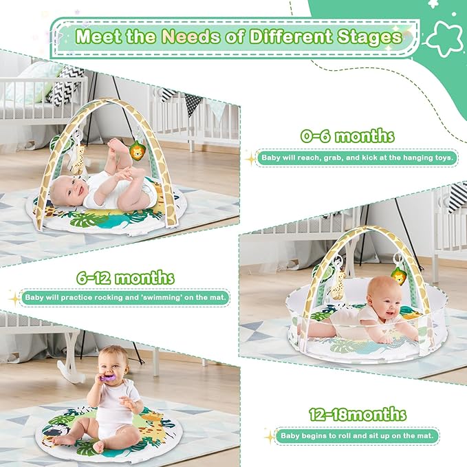 Baby Play Mat, 4-in-1 Baby Play Gym Tummy Time Mat with Ball Pit and 5 Detachable Toys for Newborn to Develop Sensory Exploration and Motor Skill 0-6-12 Months-CubbioJoy
