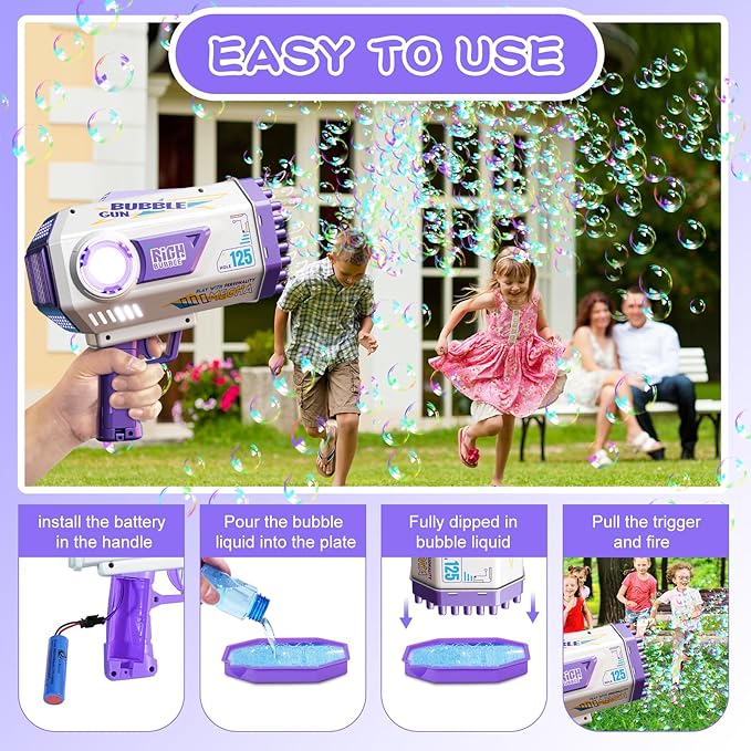 BOMOCO Bubble Gun,125 Holes Bubble Machine Bubbles for Kids 3-12,Bubble Blaster Gun with Bubble Solution Summer Outdoor Bubble Toys Birthday Wedding Halloween Party Favors Gifts Bubble Maker,Purple-CubbioJoy