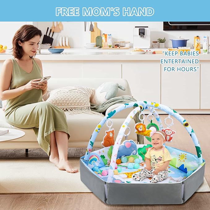 Baby Gym Play Mat, 8-in-1 Tummy Time Mat & Activity Gym Mat Ball Pit with Detachable Toys, Washable Infant Play Mat for Visual, Hearing, Sensory, Motor Development, Newborn Baby Toys Gift for Toddler 0-3-6-9-12 Months Easy to Install-CubbioJoy