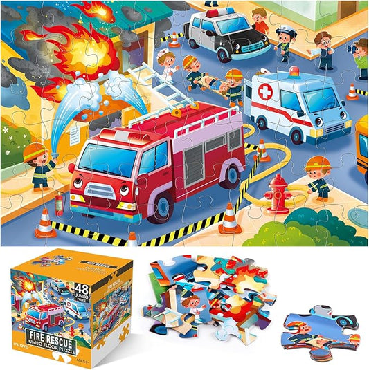 Jumbo Floor Puzzle for Kids,Fire Rescue Jigsaw Large Puzzles,48 Piece Firefighter Fireman Fire Truck Puzzle for Toddler Ages 3-5,Children Learning Preschool Educational Toys,Gift for 4-8 Years Old-CubbioJoy