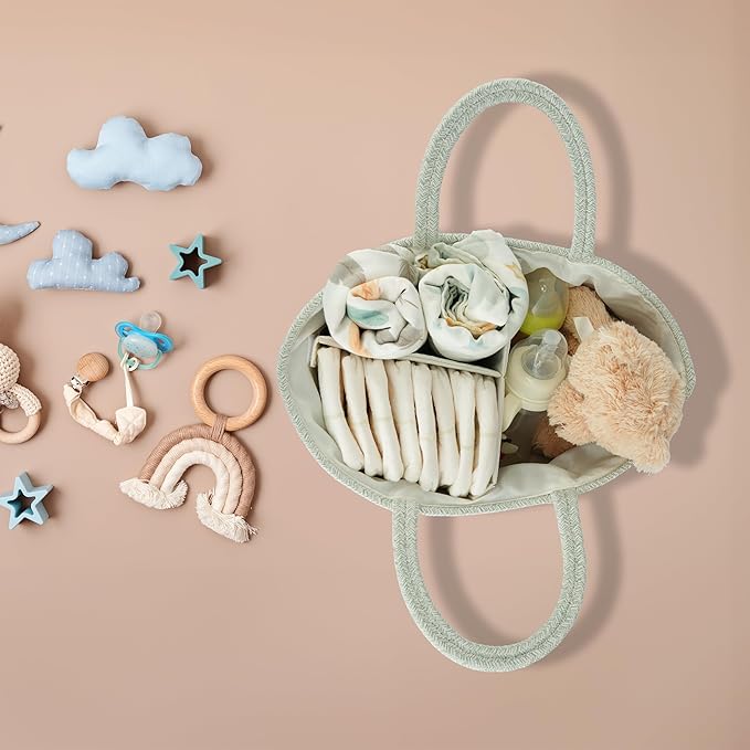 Diaper Caddy Organizer Cotton Rope Baby Basket Nursery Storage and Portable Tote Bag for Car Ideal Baby Shower Gifts and Registry Must-Have for Newborn Essentials Large light green-CubbioJoy