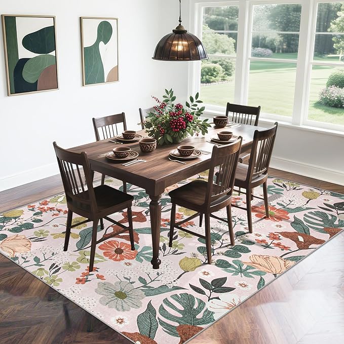 9x12 Area Rug for Living Room: Vintage Floral Washable Rug Soft Boho Non Slip Carpet Large Indoor Floor Non Shedding Low Pile Thin Carpets for Bedroom Dining Room Farmhouse Nursery Home Light Pink-CubbioJoy