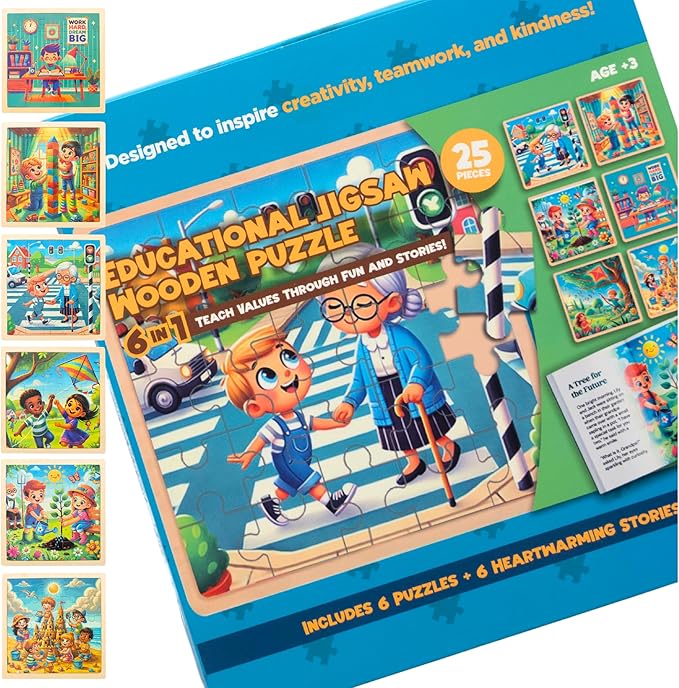 6 Educational Wooden Puzzles & Storybook, Teaches Kindness, Empathy & More – 6 in 1 Jigsaw Puzzle for Kids Ages 3-7 – Learn Real Values Through Stories – Montessori Puzzle Set 25 Pieces-CubbioJoy