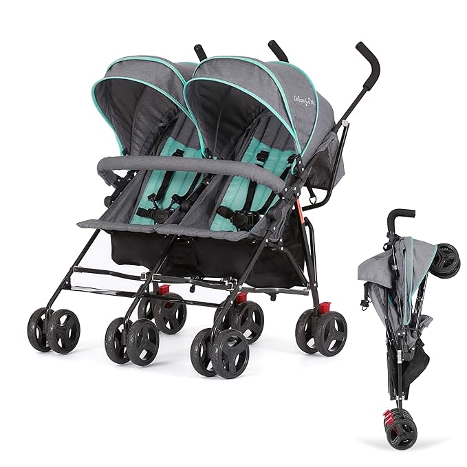 Dream On Me Volgo Twin Umbrella Stroller in Mint, Lightweight Double Stroller for Infant & Toddler, Compact Easy Fold, Large Storage Basket, Large and Adjustable Canopy-CubbioJoy