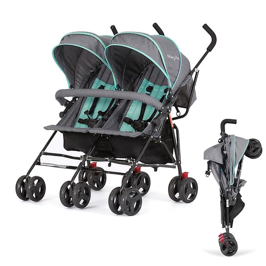 Dream On Me Volgo Twin Umbrella Stroller in Mint, Lightweight Double Stroller for Infant & Toddler, Compact Easy Fold, Large Storage Basket, Large and Adjustable Canopy-CubbioJoy