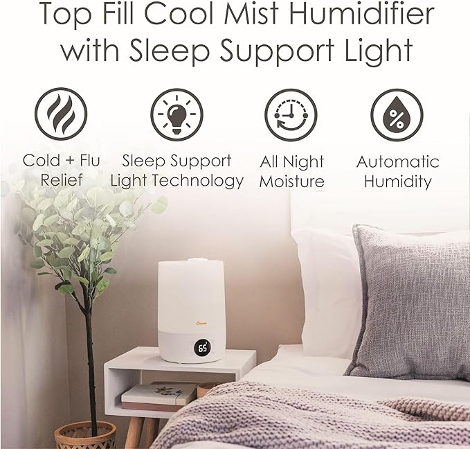 Crane Ultra-Quiet 3-in-1 Humidifier, Essential Oil Aroma Diffuser & Soothing Sleep Light - Compact 1.2 Gallon Capacity with Adjustable Night Light & Fragrance Tray - Ideal for Bedroom and Office-CubbioJoy