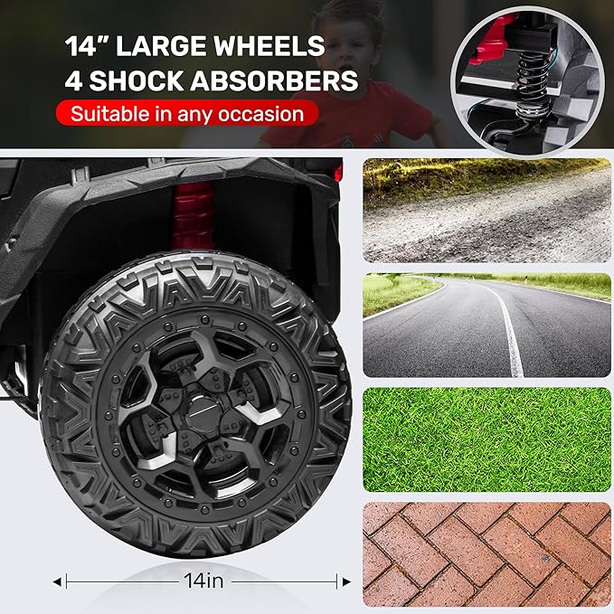 ANPABO 24V 4X4 Ride on Car Truck w/Remote Control, 4WD/2WD Switchable Kids UTV, 19" Spacious Seat, 4 Shock Absorbers, Soft Start, Music Player, Electric Car for Kids Ages 3+(Red)-CubbioJoy