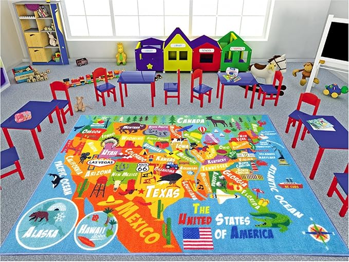 KC Cubs 3x5 USA United States Map Toy Car Road Rug – Educational Play Mat Carpet for Kids, Toddlers, Nursery, Classroom, Playroom, Baby Daycare-CubbioJoy