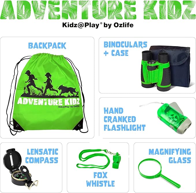 Adventure Kidz Outdoor Exploration Kit, Children’s Binoculars with Case, Flashlight, Compass, Whistle, Magnifying Glass, Backpack. Great Kids Gift Set for Camping, Hiking, STEM and Pretend Play-CubbioJoy