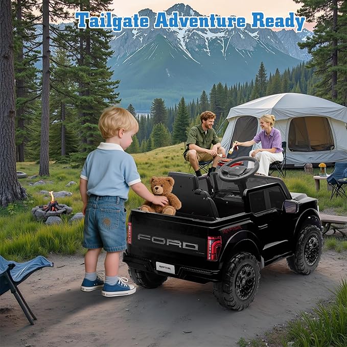 12V Ride on Car Licensed Ford F-150 Raptor, Kids Electric Car with Remote Control, LED Light/Music/MP3, Truck Bed Storage, 3-Point Seat Belt (12V, Black)-CubbioJoy