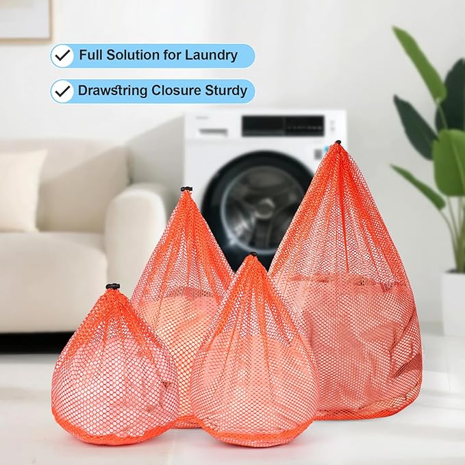 4Pcs Mesh Laundry Bags Washing Machine Mesh Wash Bags for Clothes,Underwear,Lingerie, Bed Linen with Drawstring Closure Sturdy(4 Size, Orange)-CubbioJoy