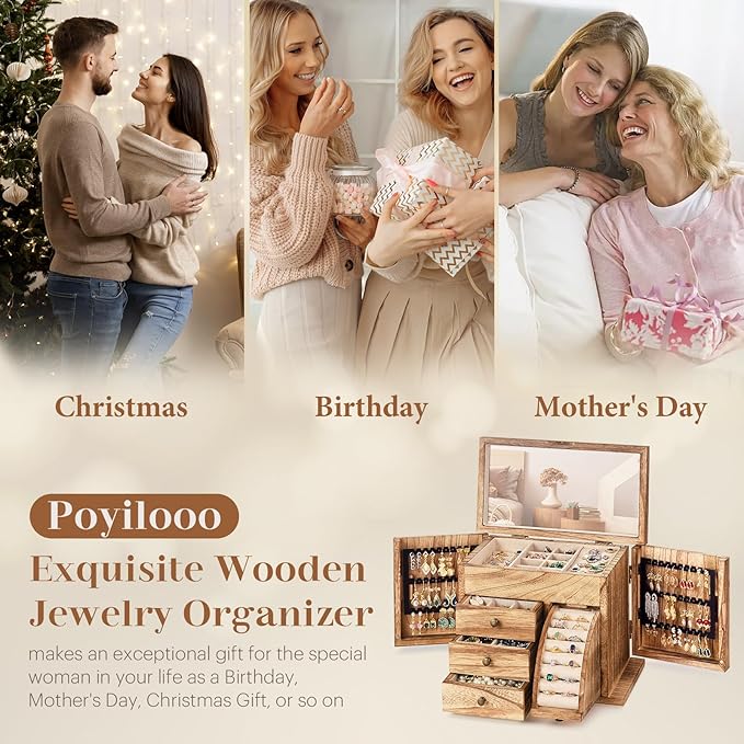 Jewelry Box Organizer, Solid Wood Jewelry Boxes fow Women with Mirror, Double Layer Jewelry Organizer Box Display Earring Necklace Bracelet Ring, Rustic Style Small Jewelry Box for Girls-CubbioJoy