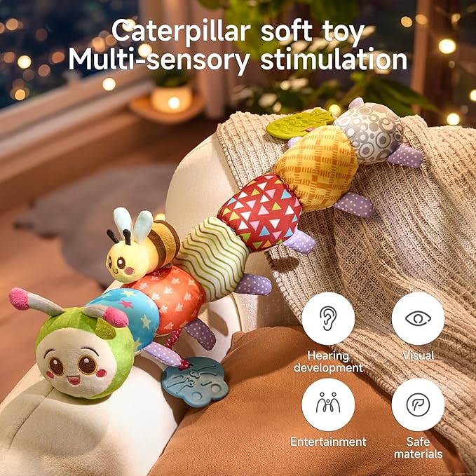 TUMAMA Baby Toys for 0, 3, 6, 9, 12 Months,Caterpillar Sensory Toys,Infant Baby Stuffed Animal Activity Soft Toys with Teether, Tummy Time Sensory Toys,Newborn Infant Sensory Toys Birthday Gifts-CubbioJoy